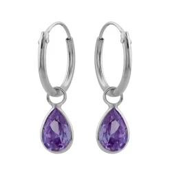 Zilveren oorringen met hanger, druppelvormig kristal amethyst