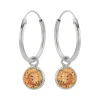Zilveren oorringen met hanger, ronde cubic zirkonia steen kleur champagne