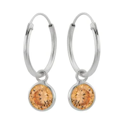 Zilveren oorringen met hanger, ronde cubic zirkonia steen kleur champagne
