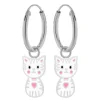 Zilveren oorringen met hanger, wit katje met roze hartje