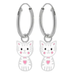 Zilveren oorringen met hanger, wit katje met roze hartje