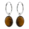 Zilveren oorringen met hanger, ovale tiger eye steen
