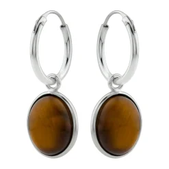 Zilveren oorringen met hanger, ovale tiger eye steen