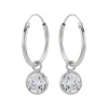 Zilveren oorringen met hanger, ronde cubic zirkonia steen kleur kristal