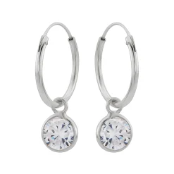 Zilveren oorringen met hanger, ronde cubic zirkonia steen kleur kristal