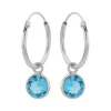 Zilveren oorringen met hanger, ronde cubic zirkonia steen kleur aqua marine