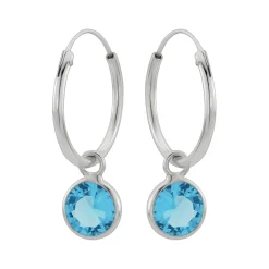 Zilveren oorringen met hanger, ronde cubic zirkonia steen kleur aqua marine