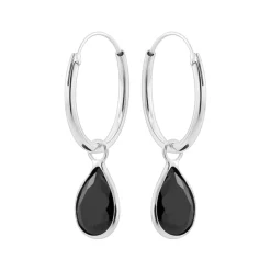 Zilveren oorringen met hanger, druppelvormige cubic zirconia steen in zwart