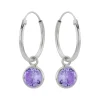 Zilveren oorringen met hanger, ronde cubic zirkonia steen kleur lavendel