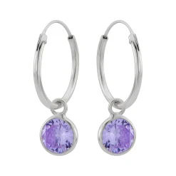 Zilveren oorringen met hanger, ronde cubic zirkonia steen kleur lavendel
