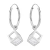 Zilveren oorringen met hanger, open kubus met kristal
