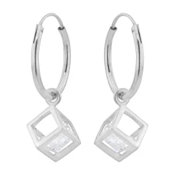 Zilveren oorringen met hanger, open kubus met kristal