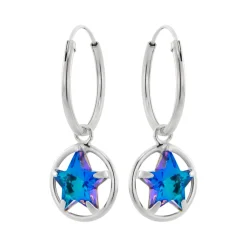 Zilveren oorringen met hanger, ster capri blue Austrian kristal