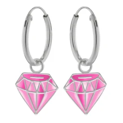 Zilveren oorringen met hanger, roze diamantvorm