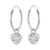 Zilveren oorringen met hanger, hartvormige cubic zirkonia steen kleur kristal