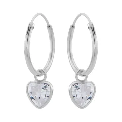 Zilveren oorringen met hanger, hartvormige cubic zirkonia steen kleur kristal
