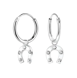 Zilveren oorringen met hanger, hoefijzer met kristallen