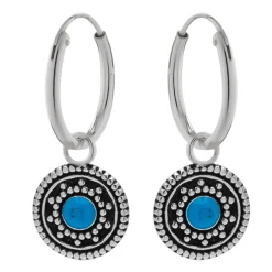 Zilveren oorringen met hanger, cirkel met zonnetje en blauwe steen