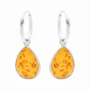 Zilveren oorringen met hanger, druppelvormige amber steen
