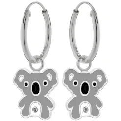 Zilveren oorringen met hanger, koala met kristal