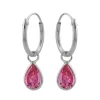 Zilveren oorringen met hanger, druppelvormig kristal roze