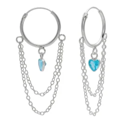 Zilveren oorringen met hanger, kettinkjes en blauw hart