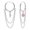 Zilveren oorringen met hanger, kettinkjes en roze hart