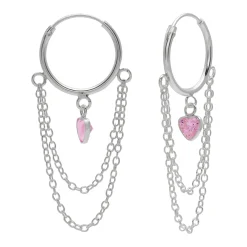 Zilveren oorringen met hanger, kettinkjes en roze hart