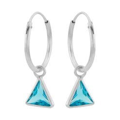 Zilveren oorringen met hanger, driehoekvormige cubic zirkonia steen kleur aqua marine
