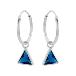 Zilveren oorringen met hanger, driehoekvormige cubic zirkonia steen kleur capri blue