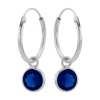 Zilveren oorringen met hanger, ronde cubic zirkonia steen kleur capri blue