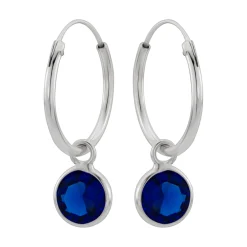 Zilveren oorringen met hanger, ronde cubic zirkonia steen kleur capri blue