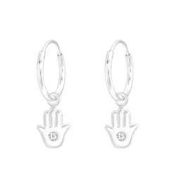 Zilveren oorringen met hanger, Hamsa handje met kristal