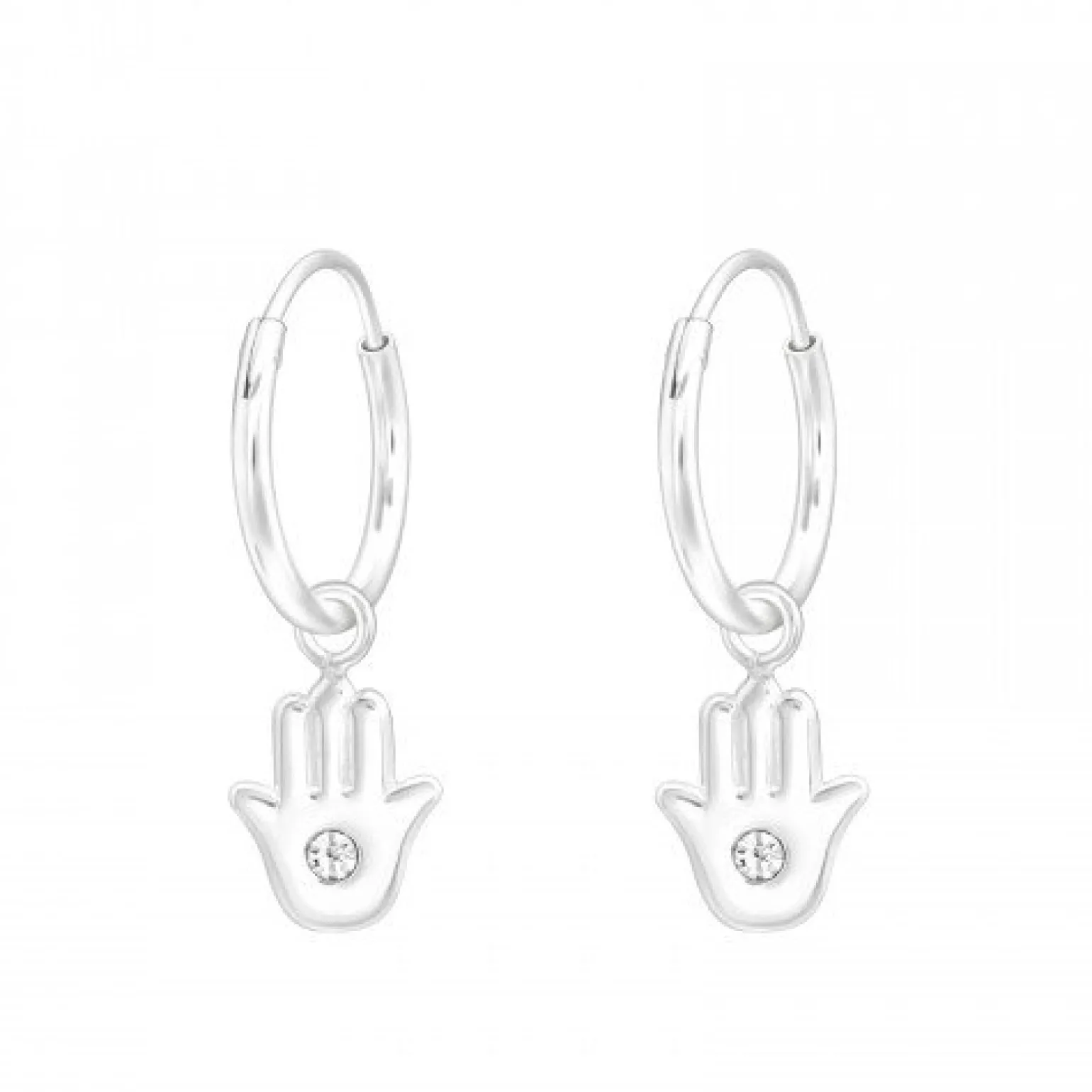Zilveren oorringen met hanger, Hamsa handje met kristal
