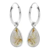 Zilveren oorringen met hanger, druppelvormige golden rutiel steen