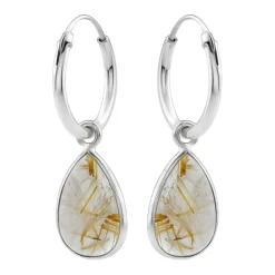 Zilveren oorringen met hanger, druppelvormige golden rutiel steen