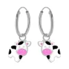 Zilveren oorringen met hanger, koe met roze snuit