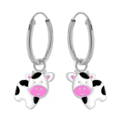 Zilveren oorringen met hanger, koe met roze snuit