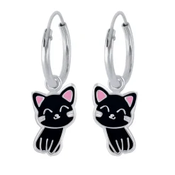 Zilveren oorringen met hanger, zwart katje