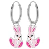 Zilveren oorringen met hanger, roze konijn