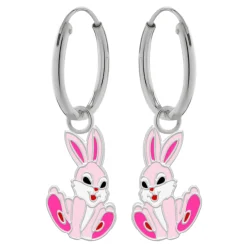 Zilveren oorringen met hanger, roze konijn