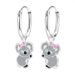 Zilveren oorringen met hanger, koala met roze strik