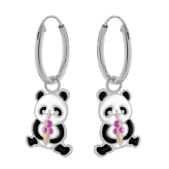 Zilveren oorringen met hanger, panda met ijsje
