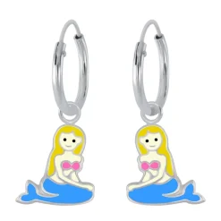 Zilveren oorringen met hanger, zeemeermin met blauwe staart