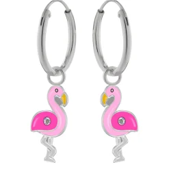 Zilveren oorringen met hanger, roze flamingo met kristal