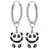Zilveren oorringen met hanger, panda met regenbooghoorn