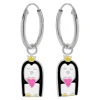 Zilveren oorringen met hanger, pinguïn met kroon en hartje