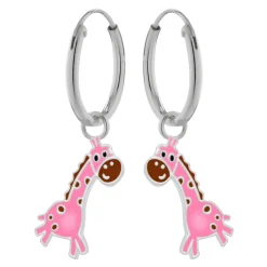 Zilveren oorringen met hanger, roze giraf