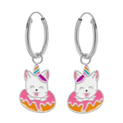 Zilveren oorringen met hanger, eenhoornkatje in donut