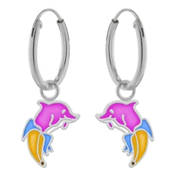 Zilveren oorringen met hanger, roze dolfijn in bananenkostuum